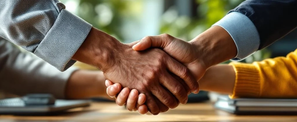 Diverse handen komen samen boven houten vergadertafel in duurzaam kantoor met natuurlijk licht en groene planten