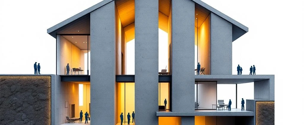 Architecturale doorsnede van modern huis met vijf stalen betonnen pilaren, gouden verlichting en blauwe silhouetten