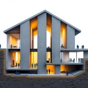 Architecturale doorsnede van modern huis met vijf stalen betonnen pilaren, gouden verlichting en blauwe silhouetten