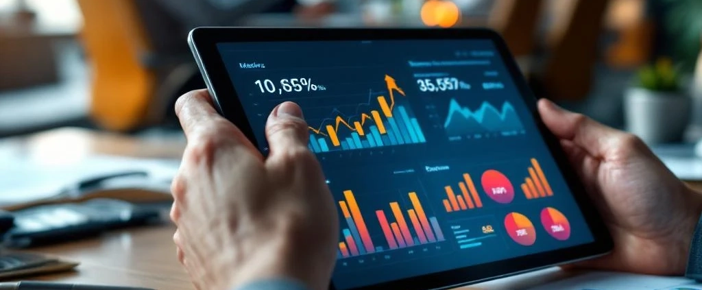 Handen houden tablet met kleurrijke datagrafieken en prestatiecijfers in moderne kantooromgeving met professionals