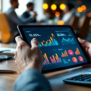 Handen houden tablet met kleurrijke datagrafieken en prestatiecijfers in moderne kantooromgeving met professionals