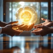 Diverse handen reiken naar gloeiende gouden bol met wellness-symbolen boven conferentietafel in modern kantoor