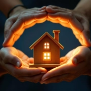Diverse handen vormen beschermende cirkel rond gloeiend miniatuurhuis, symboliseert preventieve zorg en werkplek diversiteit
