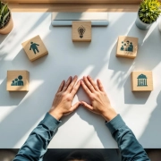 Bovenaanzicht van diverse handen samen in centrum, omringd door houten blokken met burnout preventie iconen op wit bureau