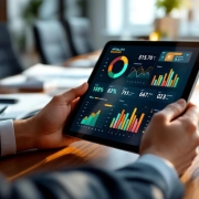 Handen met tablet die kleurrijke dashboard grafieken tonen op houten vergadertafel in modern kantoor