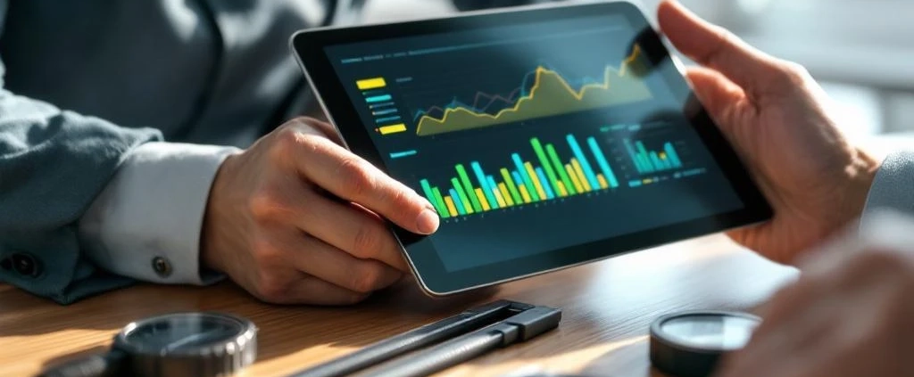 Professionele handen met digitale meetinstrumenten, tablet met datagrafieken en precisie-gereedschap op houten bureau