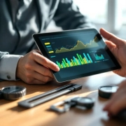 Professionele handen met digitale meetinstrumenten, tablet met datagrafieken en precisie-gereedschap op houten bureau