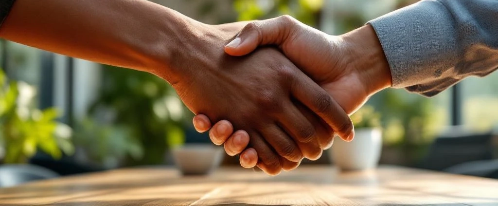 Diverse handen komen samen boven houten vergadertafel in duurzaam kantoor met natuurlijk licht en groene planten