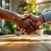 Diverse handen komen samen boven houten vergadertafel in duurzaam kantoor met natuurlijk licht en groene planten