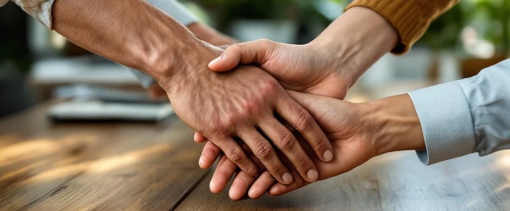 Diverse handen komen samen boven houten vergadertafel in duurzaam kantoor met planten en natuurlijk licht