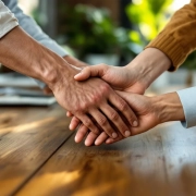 Diverse handen komen samen boven houten vergadertafel in duurzaam kantoor met planten en natuurlijk licht