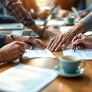 Diverse handen van verschillende leeftijden werken samen rond moderne vergadertafel met documenten en laptops