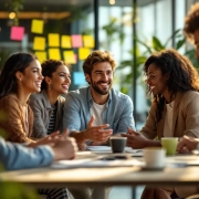 Diverse professionals collaboreren vrolijk rond moderne vergadertafel in helder kantoor met planten en ergonomisch meubilair
