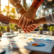 Diverse handen werken samen over kleurrijke grafieken en productiviteitsgegevens op modern kantoorbureau bij raam