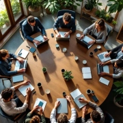 Diverse handen werken samen rond houten vergadertafel met laptops, planten en duurzame kantoormaterialen