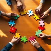 Diverse handen arrangeren kleurrijke puzzelstukjes met werkplek-iconen tot cirkel op moderne vergadertafel