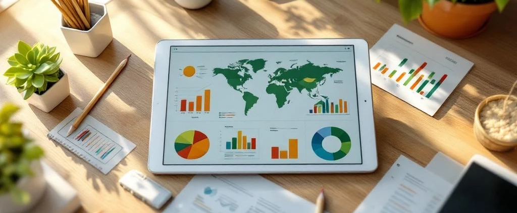 Witte tablet met duurzaamheidsgrafieken op bureau met groene planten en houten potloden in natuurlijk licht