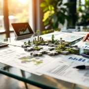 Glazen vergadertafel met duurzaamheidsgrafieken, blauwdrukken en puzzelstukjes van gerecycled materiaal in kantoor