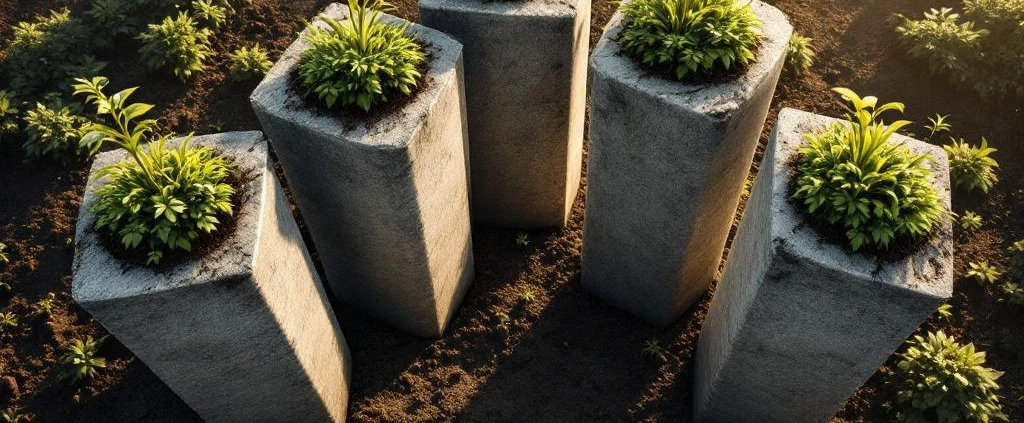 Vier betonnen pilaren met groene planten in vruchtbare grond, verlicht door natuurlijk zonlicht voor duurzaamheid