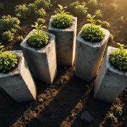 Vier betonnen pilaren met groene planten in vruchtbare grond, verlicht door natuurlijk zonlicht voor duurzaamheid
