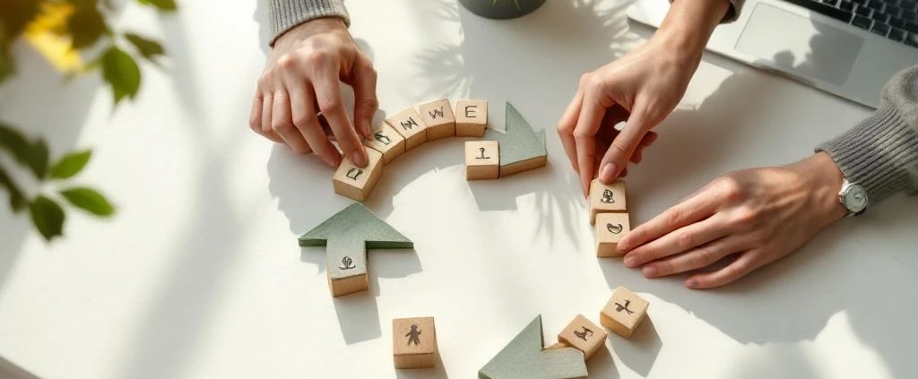 Handen die houten blokken met duurzaamheidspictogrammen in circulair patroon schikken op modern kantoorbureau