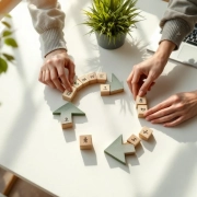Handen die houten blokken met duurzaamheidspictogrammen in circulair patroon schikken op modern kantoorbureau