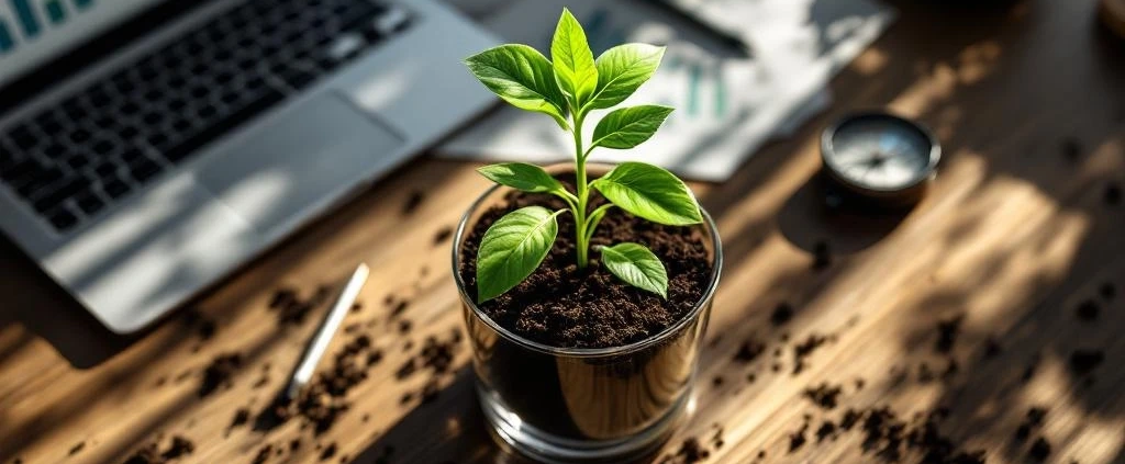 Kantoorbureau met plant in glazen pot, laptop met groeigrafiek en kompas naar duurzaamheid in natuurlijk licht