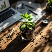 Kantoorbureau met plant in glazen pot, laptop met groeigrafiek en kompas naar duurzaamheid in natuurlijk licht