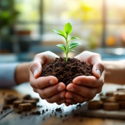 Professionele handen houden groene plant vast in moderne kantooromgeving, symboliseert duurzame bedrijfsgroei