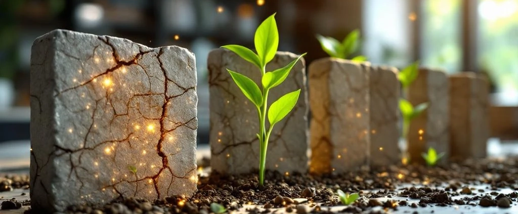 Zeven gebarsten stenen tabletten lossen op in lichtdeeltjes terwijl groene plantenscheuten doorheen groeien in kantooromgeving