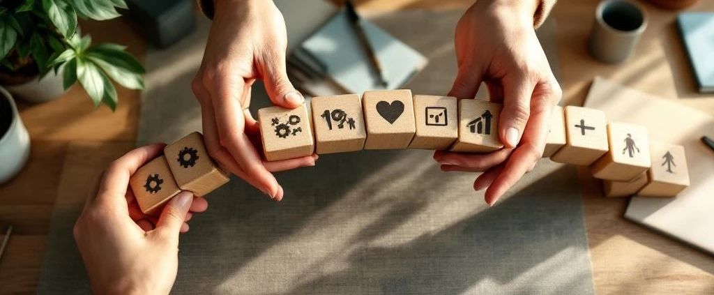 Handen die houten blokken met pictogrammen tot een brug vormen op een modern bureau, symboliseert duurzame inzetbaarheid
