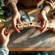 Handen die houten blokken met pictogrammen tot een brug vormen op een modern bureau, symboliseert duurzame inzetbaarheid