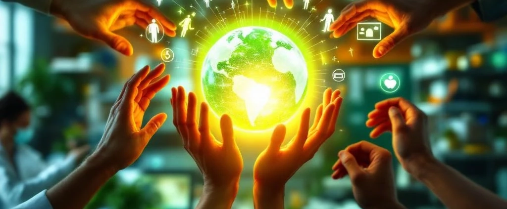 Zeven diverse handen reiken naar een groene bol die duurzame inzetbaarheid symboliseert, omringd door groei-iconen