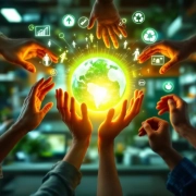 Zeven diverse handen reiken naar een groene bol die duurzame inzetbaarheid symboliseert, omringd door groei-iconen