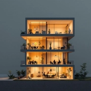 Dwarsdoorsnede van modern kantoorgebouw met vier verdiepingen die werkvaardigheden tonen: fysieke basis, productiviteit, samenwerking en leiderschap