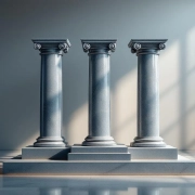 Drie elegante marmeren zuilen in driehoeksvorm op stevige fundering, professionele verlichting, moderne omgeving