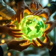 Diverse professionele handen komen samen rond groene bol met duurzaamheidssymbolen in moderne kantooromgeving