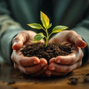 Verweerde handen houden verwelkende plant met gele bladeren vast in kantooromgeving, symboliseert werkplek vitaliteit