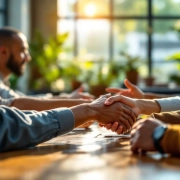 Diverse collega's werken samen rond moderne vergadertafel in duurzaam kantoor met planten en natuurlijk licht