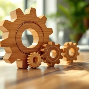 Vijf houten tandwielen op conferentietafel symboliseren duurzame ontwikkeling in moderne kantooromgeving