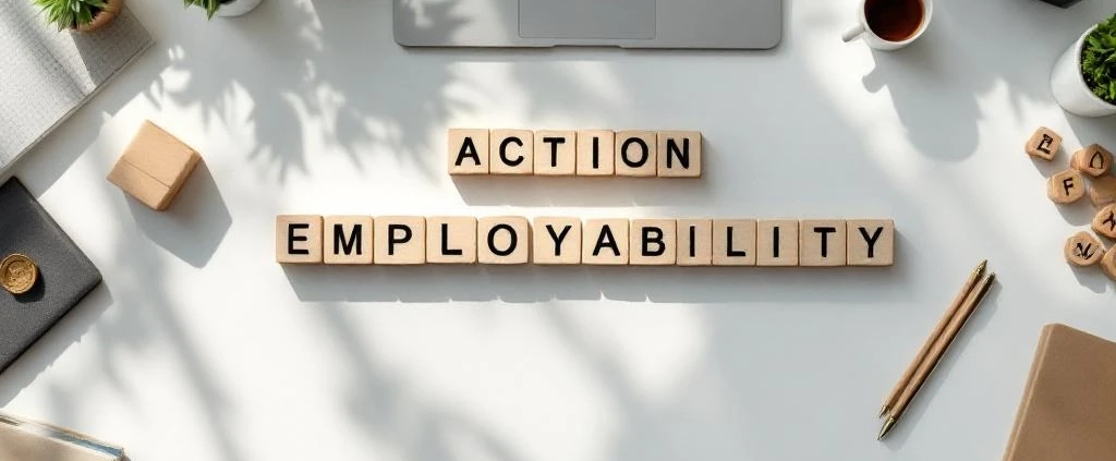 Bovenaanzicht van modern bureau met tien houten blokken voor duurzame inzetbaarheid, laptop en groene planten