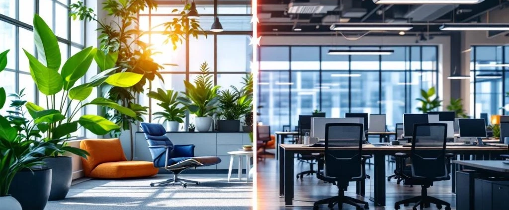 Moderne werkplek met planten en natuurlijk licht naast traditioneel kantoor, gescheiden door pijlen die transformatie tonen