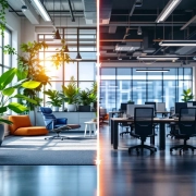 Moderne werkplek met planten en natuurlijk licht naast traditioneel kantoor, gescheiden door pijlen die transformatie tonen