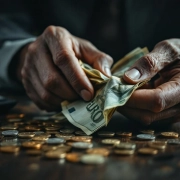 Verweerde handen houden verkreukelde eurobiljetten vast die tussen vingers glijden op donker houten bureau met munten