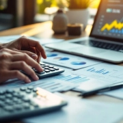 Handen gebruiken rekenmachine op houten bureau met spreadsheets, grafieken en laptop met data-analyse voor financiële groei