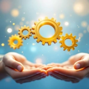 Vijf gouden tandwielen zweven boven open handen, symboliseren welzijn en geluk op blauwe achtergrond