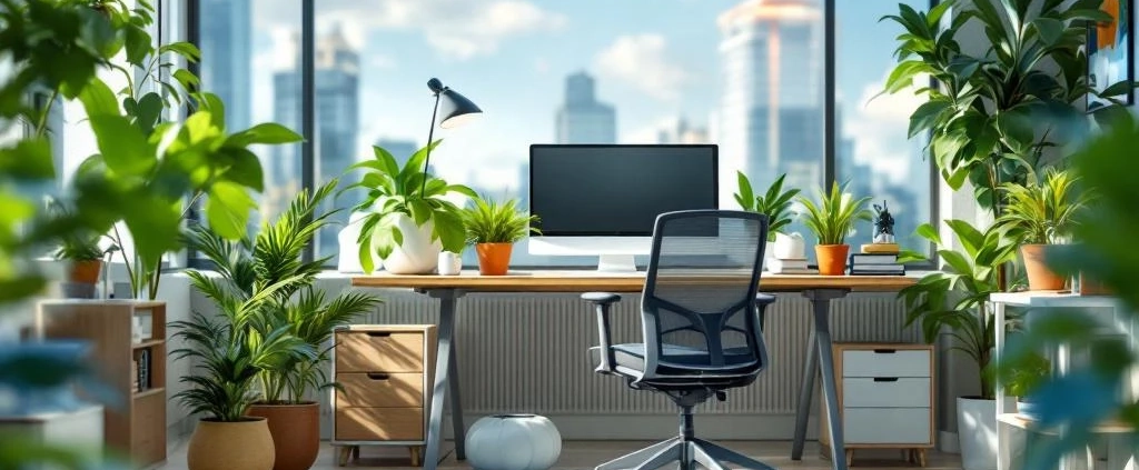 Moderne kantoorwerkplek met ergonomische bureau, natuurlijk licht, groene planten en georganiseerde opslag voor gezond werken