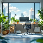 Moderne kantoorwerkplek met ergonomische bureau, natuurlijk licht, groene planten en georganiseerde opslag voor gezond werken