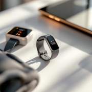 Moderne gezondheidsmonitoring apparaten op witte ondergrond: fitness tracker, bloeddrukmeter, smartphone en weegschaal