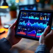 Handen houden tablet met gezondheidsdata grafieken en wellness statistieken op houten bureau met fitness tracker